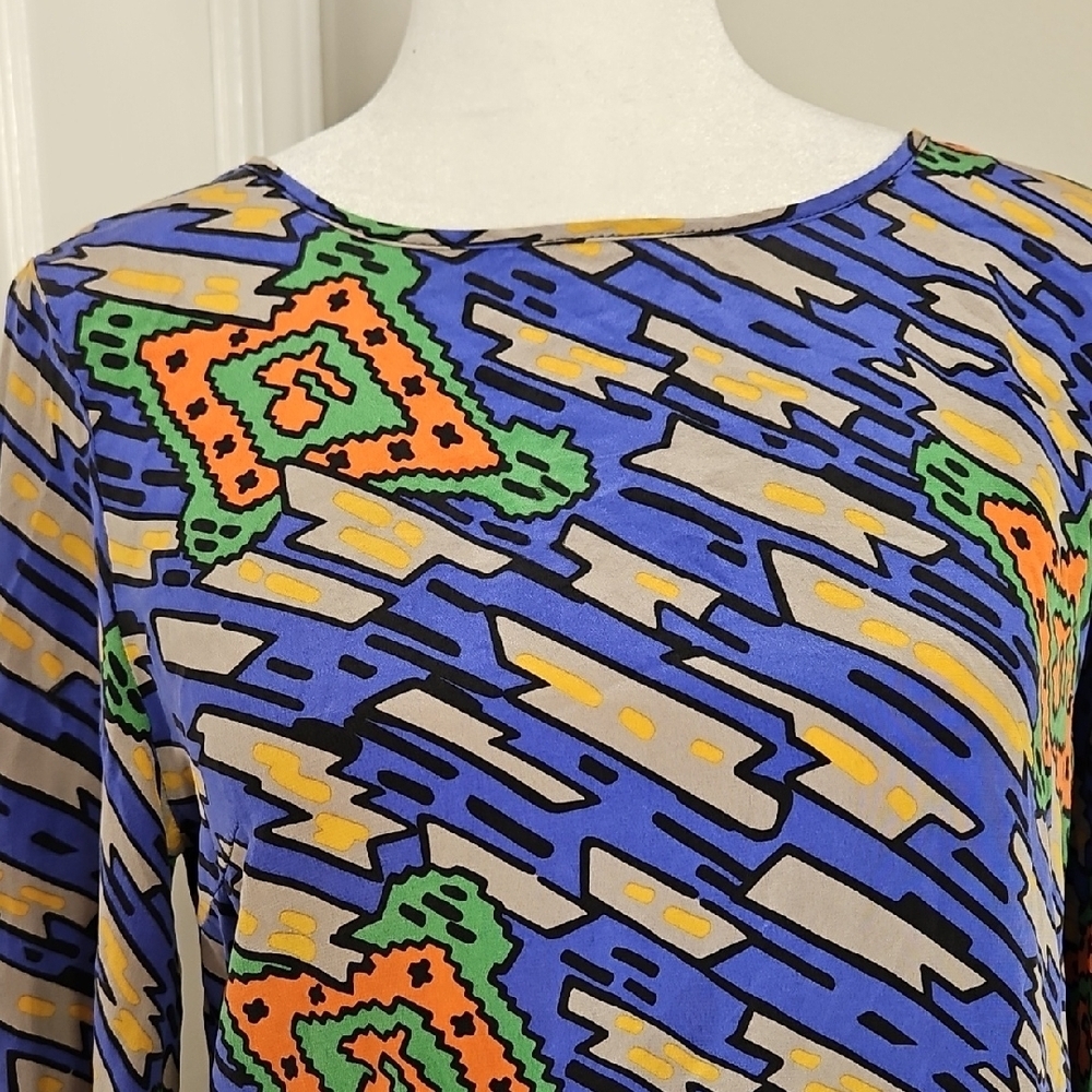 Amanda Uprichard 100% Silk Abstract Print  Dress Long Sleeve Blue Multi Size S - Picture 4 of 9